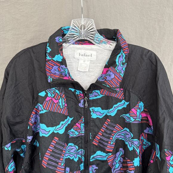 Vintage‎ Rafael Windbreaker Jacket Black Multi Abstract Print Rave Y2K Sz Medium - Picture 2 of 12